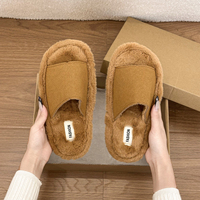 Chaussons plats à bout ouvert pour femmes, en fourrure, à bride large unique, chauds et doux, à enfiler, décontractés, pour l'intérieur et l'extérieur