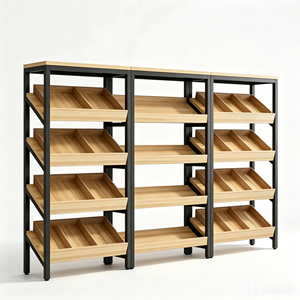 Étagère de présentation modulaire en métal noir avec plateaux en bois inclinés et rayonnages à alimentation par gravité pour la section produits frais des supermarchés - Product Image 1