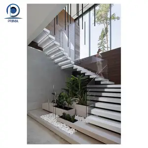 Prima Stairs suppliers white oak wooden open tread with sensor lights carbon steel stringer U shape straight mono stairs