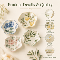 Plateau à bijoux en céramique personnalisé, motif floral botanique, forme de fleur ondulée, pour bagues, boucles d'oreilles, bracelets, OEM ODM, boîte cadeau, vente en gros