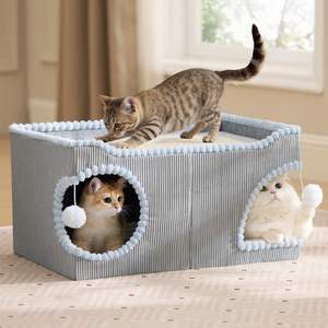 2-in-1 Extra Großes Katzenbett für Innenräume Faltbares Katzenhaus mit Kratzmatte und Flauschigem Ball Luxuriöses Katzenhöhlenbett - Product Image 1