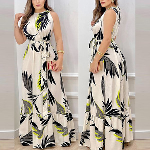 Halter Cổ Phụ nữ mùa hè A-line ăn mặc không tay cao eo Belted bãi biển ăn mặc phụ nữ mới hoa in Maxi Dress - Product Image 1
