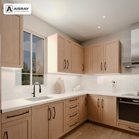 Meuble de cuisine en mélamine avec portes encadrées, aménagement en L, dimensions personnalisées, boîtes de rangement en contreplaqué et rangement coulissant