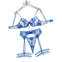 Set Lingerie Wanita Seksi Baru Tipis Transparan Bordir Poliester Pakaian Dalam yang Dapat Disesuaikan Cincin Kaki Garter Tiga Potong