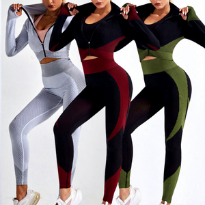 Conjunto de Yoga sin Costuras para Mujer, 2 Piezas, Sudadera sin Mangas con Cierre, Leggings Largos, Spandex/Nailon, Secado Rápido, Cuello Redondo, Bloques de Color - Product Image 1