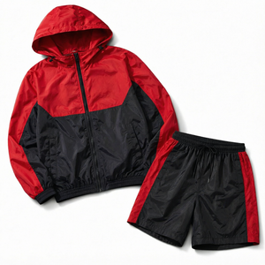 Ensemble de survêtement pour homme, veste à capuche et short, couleurs rouge et noir, style sportif, été, séchage rapide, polyester, 2 pièces - Product Image 1