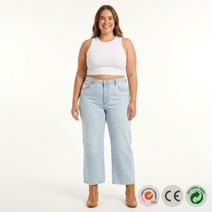 Jean court taille haute coupe large délavé personnalisé pour femme, en <span class=keywords><strong>denim</strong></span> extensible, coupe droite, décontracté, été, grande taille, taille AU 14 - Product Image 1