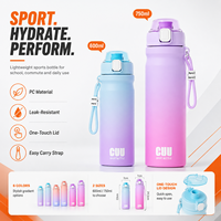 Bouteille d'eau PC en gros 600ml 750ml, gourde sportive ombrée avec bouton poussoir, couvercle anti-poussière et sangle de transport pour cadeaux scolaires et événements