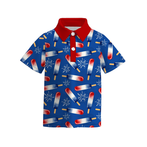 Polo Casual con stampa a quadri blu per bambini Top estivo a maniche corte per bambini per il giorno dell'indipendenza July 4a vacanza lavorato a maglia - Product Image 2