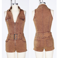 Combinaison courte en jean délavé coupe slim sans manches, extensible, style cargo, avec ceinture, design personnalisable, idéale pour l'été