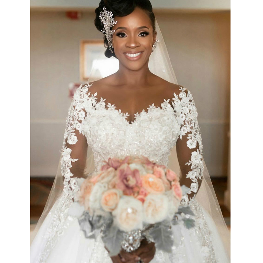 african princess wedding dresses R&W 2024 Aso Ebi satin ball wedding gowns with Sheer Neckline, Long Sleeves, Beaded Pearls, and Princess/Queen Style for Black Women's Marriage