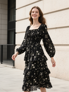 Printemps Automne <span class=keywords><strong>Hepburn</strong></span> Style Français Femmes Col Carré Cravate Taille Bubble SleeveDresses - Product Image 3