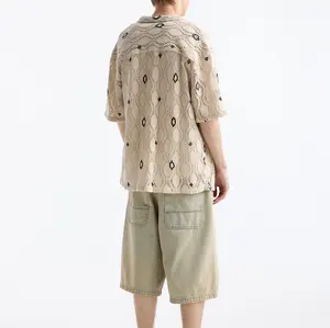 Custom Casual Breathable Knit Cardigan Short Sleeve Geometric Knit Shirt Men's Casual Knit Shirt