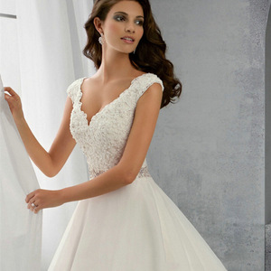 A-Line Lace Wedding Dress V-Neck Natural Waist Ivory White Polyester Fiber Simple Style Bridal Gown - Product Image 3