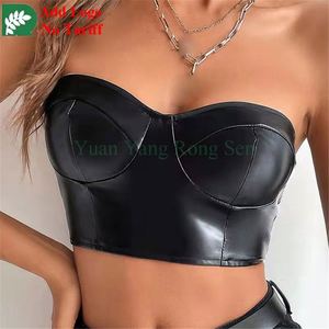 Hot Sale Sexy Cropped Belly Button Women's Small Tank <strong>Top</strong> Solid Color <strong>Shiny</strong> Leather Wrap <strong>Top</strong> - Product Image 3