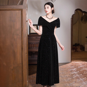 Off-The-Shoulder Black Evening Gown <b>A</b>-<b>Line</b> Glitter Sparkly <b>Dress</b> For Women Plus Size Formal Wear - Product Image 1