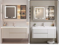 Meuble-lavabo mural blanc crème avec compartiment de rangement latéral, vasque intégrée et armoire avec miroir éclairé