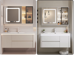 Meuble-lavabo mural blanc crème avec tiroir, étagère ouverte, miroir intelligent LED et vasque intégrée - Product Image 5