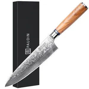 سكين طاه احترافي مقاس 8 بوصات من الفولاذ الدمشقي 67 طبقة بمقبض من خشب الزيتون ،