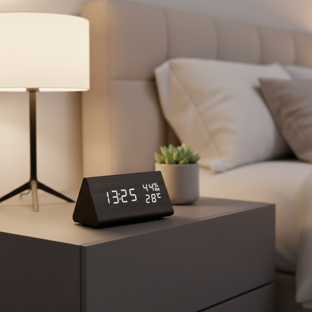 Creative Triangle Modern Simplicity Design PVC Battery Operated Desk Electronic Clock LED Temperature Humidity Date Display