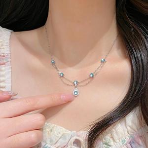 Collar de Plata de Ley S925, Lujoso y Exquisito, con Cadena de Doble Capa, Borla de Gota de Agua Azul Hielo, Collar en Capas Azul Marino de Moda - Product Image 2