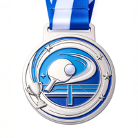 Médaille personnalisée de tennis de table en émail argenté et bleu, avec relief 3D de raquette et balle, trophée étoile pour le championnat