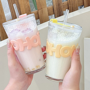 Hot Sale 450ml Glas becher mit Stroh Kaffeetasse Brief hülle Glas Wasser Milch Saft Tee Kaffeetassen - Product Image 1