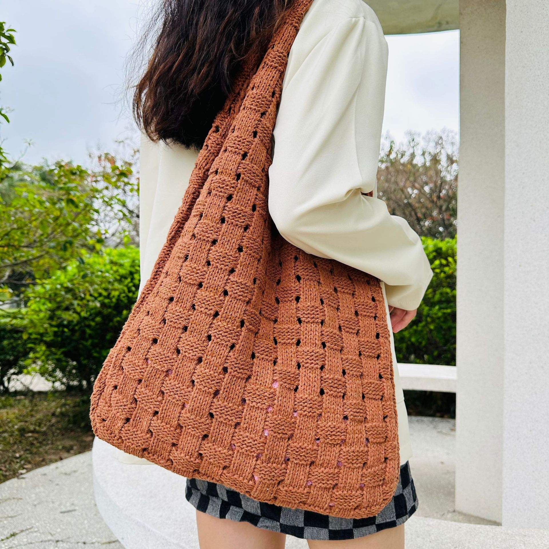 Style coréen femmes Crochet laine ouvert tricoté sac à bandoulière en gros  Vintage quotidien réutilisable Shopping sac à main