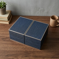 Boîte Cadeau de Luxe Écologique Bleu Profond et Argenté pour Thé, Emballage Rigide à Double Porte avec Insert en Velours pour Service à Thé Premium