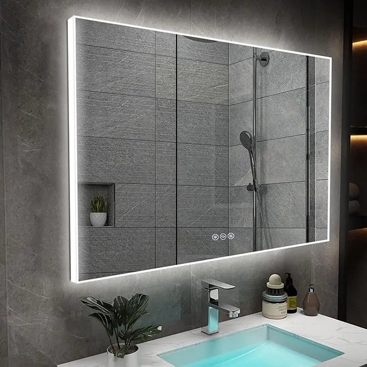factory customized illuminated rectangle smart bathroom mirror with led light up for cabinet bath Wash basin espejos