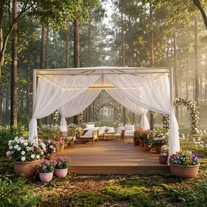 Bellissimo Gazebo da <span class=keywords><strong>Giardino</strong></span> Pop-up in Legno e Acciaio con Tetto Rigido, Zanzariera, Pavimento e Tende - Product Image 1
