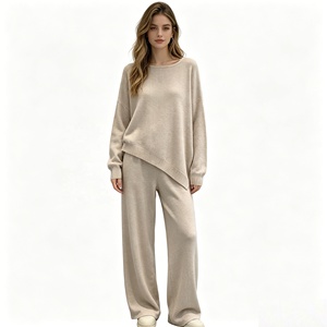 Ensemble de vêtements pour femmes en tricot, 2 pièces, style décontracté, beige, pull <span class=keywords><strong>à</strong></span> col rond ample, pantalon large, tenue décontractée pour le printemps et <span class=keywords><strong>l</strong></span>'automne - Product Image 1