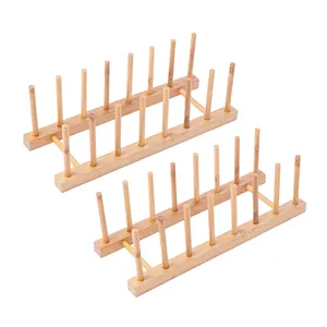 Customized Bamboo Wooden Dish Rack Plate Rack Stand Pot Lid Holder Kitchen Cabinet Organizer For Cup And Cutting Board