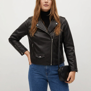 Womens Black Textured Leather <b>Biker</b> <b>Jacket</b> Notched Lapel Ribbed Cuffs Full Zip Streetwear Fashion <b>Jacket</b> - Product Image 1