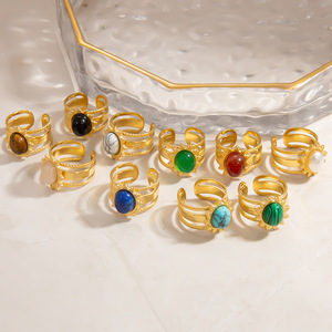 Fashion <b>Rings</b> Women's Natural Stone Inlay Bezel Setting Party Jewelry Gold Tone Multi Color <b>Adjustable</b> <b>Size</b> JZ21503A - Product Image 1