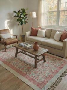 Vintage Floral <b>Block</b> Print Cotton Rug 4x6 Handmade Carpet with Tassels Boho Floor Mat Living Room Decor - Product Image 1