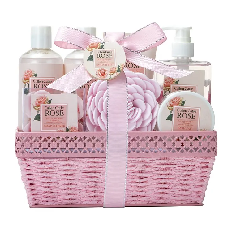 Kerst Rose Douchegel Set Bad Zout Odm Oem Romantische Elegantie Luxe Vrouw Lichaamsverzorging Papier Doos Aromatische Spa Bad Cadeau Se