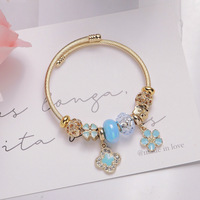 Bracelet en acier inoxydable de haute qualité plaqué or avec breloque fleur en cristal, perles à grand trou et pendentif feuille, bracelet DIY pour femme