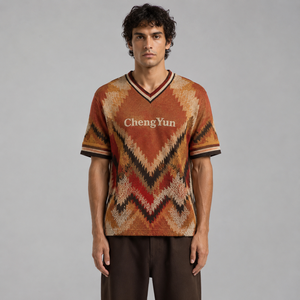 Camiseta de Fútbol Personalizada con Diseño Zigzag en Tonos Tierra, Estilo Retro, Ropa Deportiva Étnica, Maillot de Foot - Product Image 1