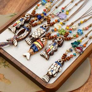 Joyería de cerámica Bohemia hecha a mano, collar de cuentas de pescado con patrón de mariposa de estilo étnico, colgante bohemio de <span class=keywords><strong>playa</strong></span> para mujer, cadena larga - Product Image 5