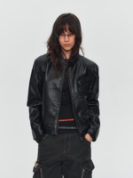 Veste en cuir PU vieilli Penpace pour homme, style court, col à revers, double fermeture éclair, poches, style motard rétro, collection automne