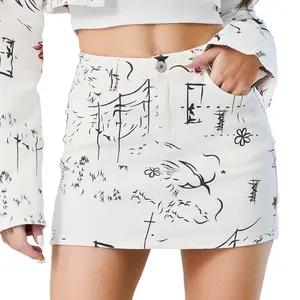 Hot Selling Summer Printed White High Waisted Jean Skirt New Design Cute Denim Mini Skirt for Women Clothing Wholesale