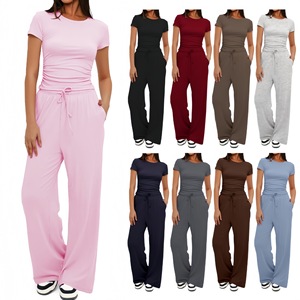 Conjunto de 2 Piezas de Camiseta Casual de Color Sólido, Estilo Europeo Americano, Nueva Llegada, Plisada, por Encima de la Rodilla, de Poliéster y Elastano, Corte Holgado - Product Image 1