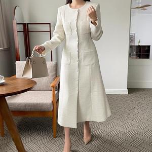 OEM Polyester Couleur Solide Naturel Tissé Automne Vintage Boutons Col Ras Du Cou A-ligne À Manches Longues Tweed Jaune Maxi <span class=keywords><strong>Robe</strong></span> Femme Décontractée - Product Image 5