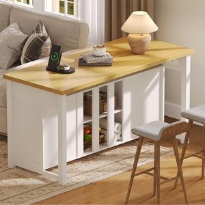 Îlot de cuisine moderne SENYU avec station de charge intégrée, 2 prises AC, 2 ports USB, plateau en bois massif, base blanche - Product Image 3