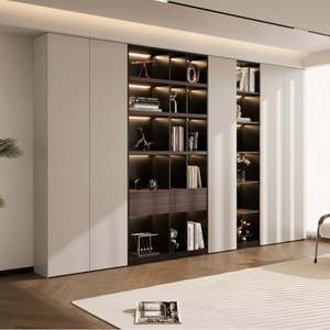 Système de bibliothèque murale modulaire intégré de luxe, design minimaliste avec étagères d'exposition ouvertes, étagères éclairées par LED, rangement caché - Product Image 5