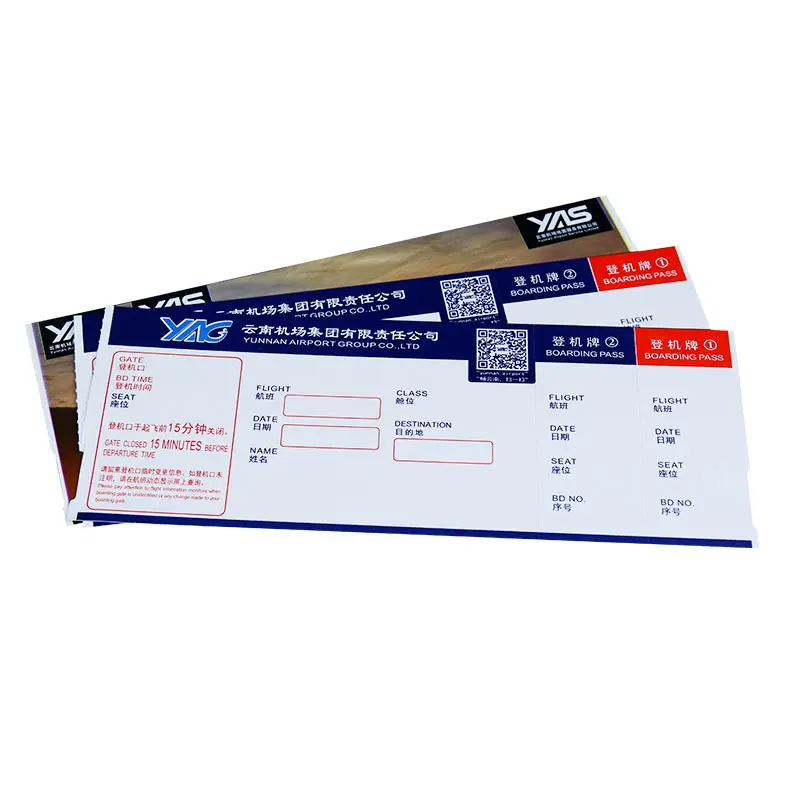 Yeni özelleştirilmiş termal uçuş bilet termal biniş kartı uçak bilet termal yapıştırıcı biniş kartı