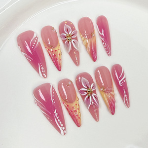 Vente en gros de <span class=keywords><strong>faux</strong></span> ongles faits à la main, press-on, avec fleurs roses en relief 3D, réutilisables, longs, forme stiletto, ongles artificiels - Product Image 1