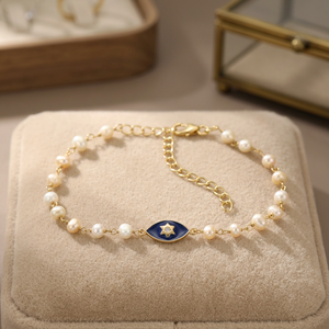 Pulsera de Rosario con Dijes de Estrella y Perla de Plata de Ley 925, con Esmalte Azul y Circonita, Chapada en Oro - Product Image 2