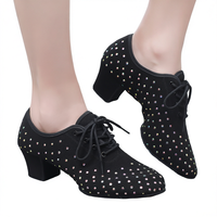 Chaussures de danse latine noires pour femmes avec strass, talon carré en daim, lacets, pour salsa, tango, danse de salon, entraînement